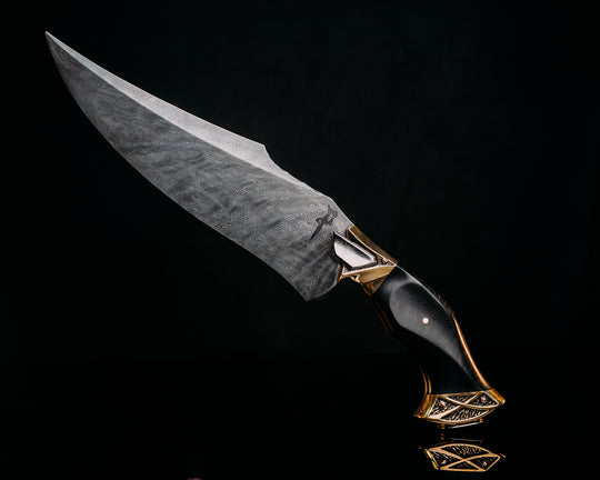 Half Face Blades X Dire Pacific Giveaway - Recurve Fighter - 400 Layered Dire Pacific Forged Damascus - Brass Bolster w/ Crystallized Titanium Guard Inlay, African Blackwood, Solid Brass Pommel, Crystalized Titanium Pommel Cap, Bronze Pins, Textured Grip.