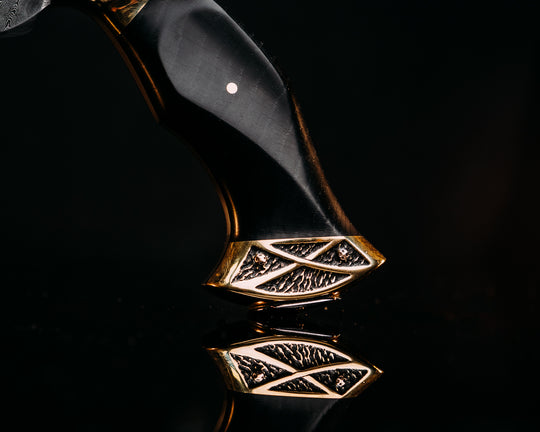 Half Face Blades X Dire Pacific Giveaway - Recurve Fighter - 400 Layered Dire Pacific Forged Damascus - Brass Bolster w/ Crystallized Titanium Guard Inlay, African Blackwood, Solid Brass Pommel, Crystalized Titanium Pommel Cap, Bronze Pins, Textured Grip.