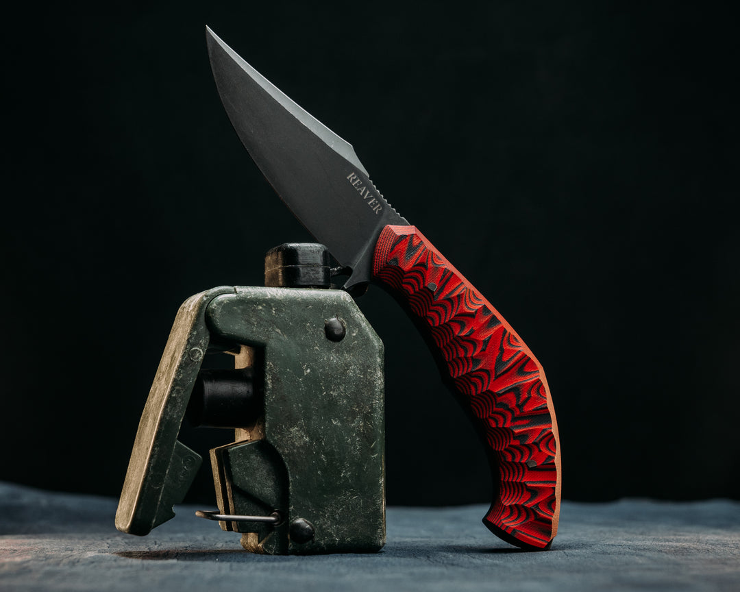 Half Face Blades X Dire Pacific Giveaway - Recurve Fighter - 400 Layered Dire Pacific Forged Damascus - Brass Bolster w/ Crystallized Titanium Guard Inlay, African Blackwood, Solid Brass Pommel, Crystalized Titanium Pommel Cap, Bronze Pins, Textured Grip.