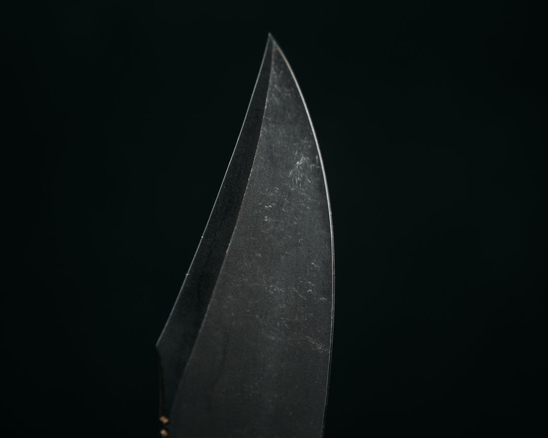 Half Face Blades X Dire Pacific Giveaway - Recurve Fighter - 400 Layered Dire Pacific Forged Damascus - Brass Bolster w/ Crystallized Titanium Guard Inlay, African Blackwood, Solid Brass Pommel, Crystalized Titanium Pommel Cap, Bronze Pins, Textured Grip.