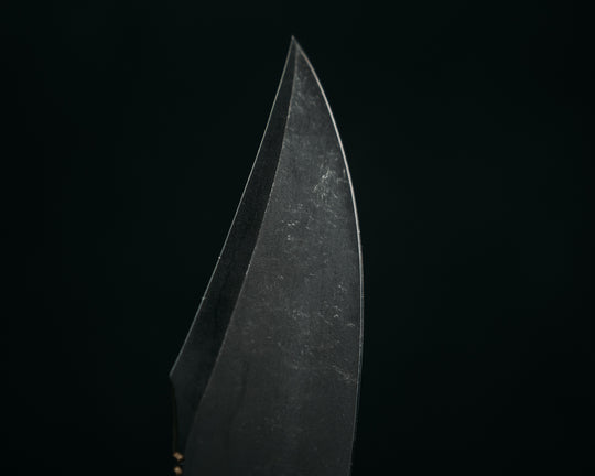 Half Face Blades X Dire Pacific Giveaway - Recurve Fighter - 400 Layered Dire Pacific Forged Damascus - Brass Bolster w/ Crystallized Titanium Guard Inlay, African Blackwood, Solid Brass Pommel, Crystalized Titanium Pommel Cap, Bronze Pins, Textured Grip.