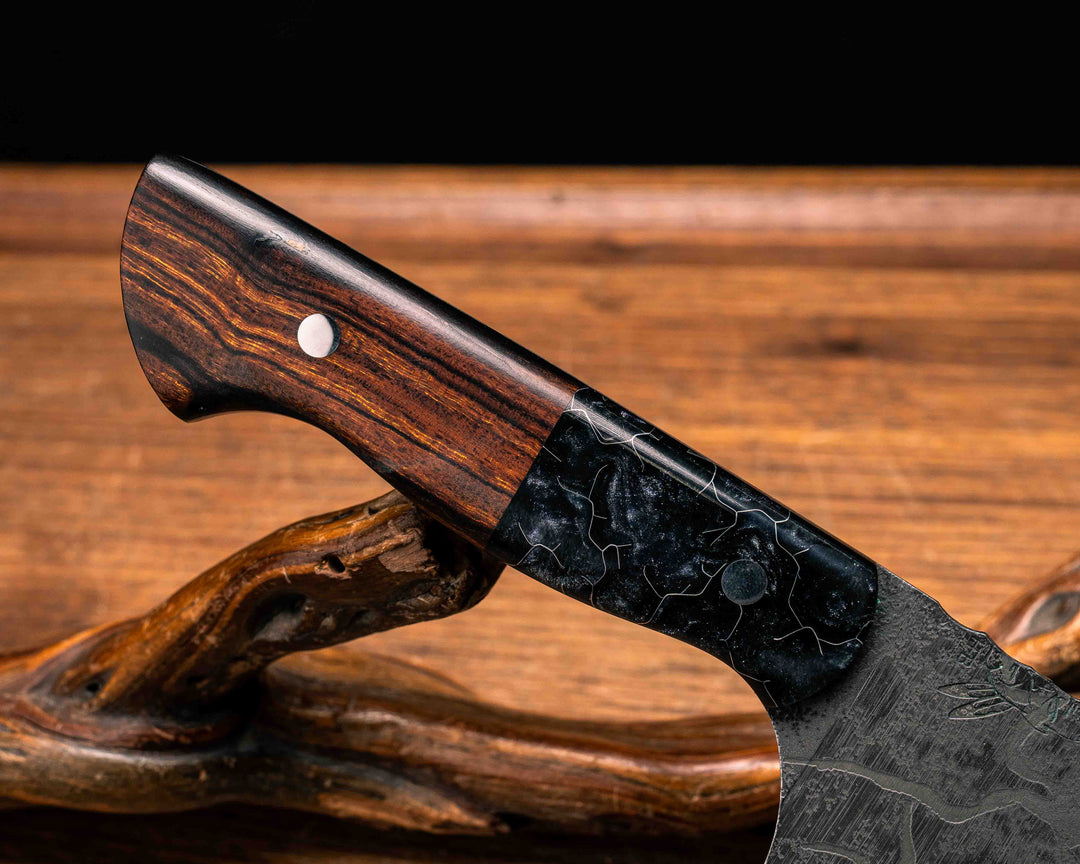 Chef Set- Tru-LaRue Black Black Lightning Pearl Resin, Desert Ironwood, Silver Pins, Smooth Grip