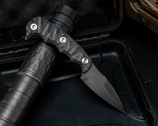 3" HUMINT- Black Canvas Micarta, Armor Black Cerakote, Ti Allen Bolts, Textured Grip