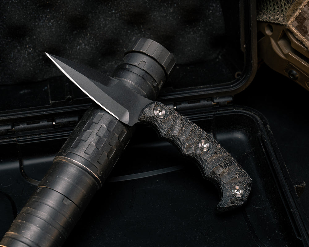 3" HUMINT- Black Canvas Micarta, Armor Black Cerakote, Ti Allen Bolts, Textured Grip