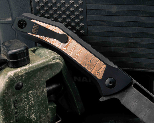 Custom Kwaiken Folder- Vegas Forge Ladder Damascus- Vegas Forge Ladder Mokume Inlay, Anodized Black Handle, Smooth Grip, Deep Carry Pocket Clip