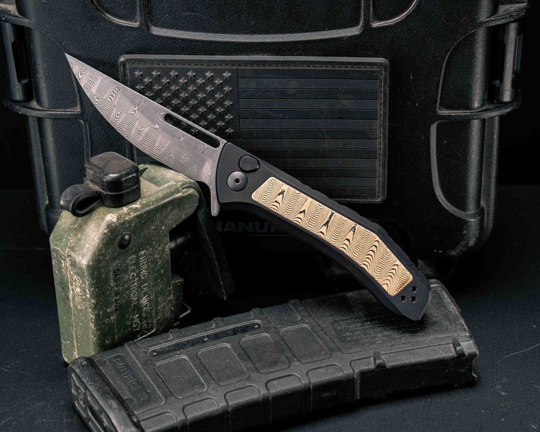 Custom Kwaiken Folder- Vegas Forge Ladder Damascus- Vegas Forge Ladder Mokume Inlay, Anodized Black Handle, Smooth Grip, Deep Carry Pocket Clip