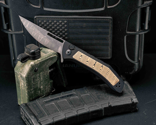 Custom Kwaiken Folder- Vegas Forge Ladder Damascus- Vegas Forge Ladder Mokume Inlay, Anodized Black Handle, Smooth Grip, Deep Carry Pocket Clip