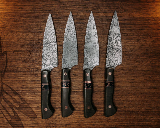 Steak Knife Set (4 Pc) - OD Green Canvas Micarta, Black G10 & Copper Pin Striping, Black w/ Copper Web Tru Stone Split, Mosaic Pins, Smooth Grip.