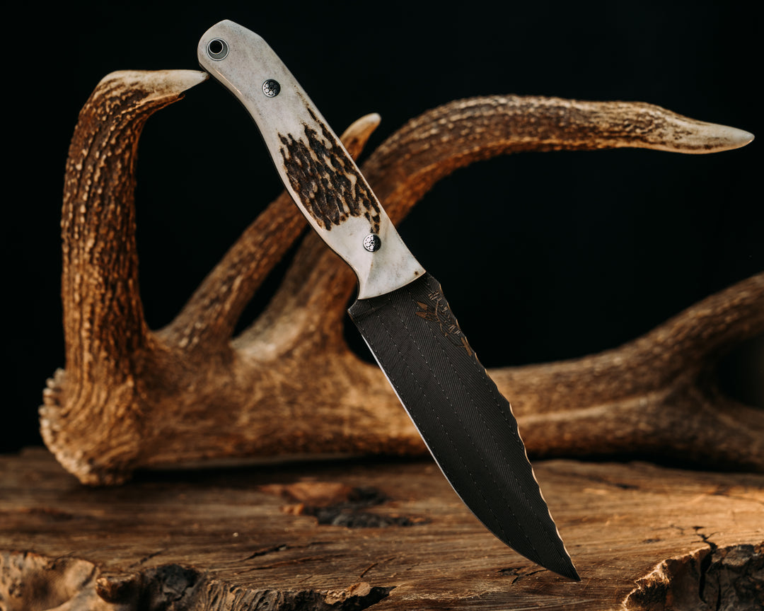 Crow Scout- Vegas Forge Herringbone Damascus- Elk Antler, Mosaic Pins, Aluminum Lanyard Pin with Glow Resin, Textured Grip