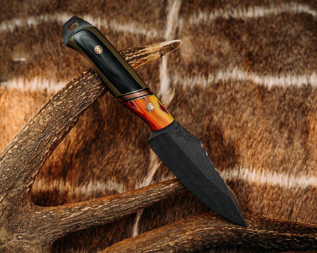 Field Knife (CruWear) - Thin Brook Trout G-Carta, Brass & Black G10 Pin Striping, Copper Split, Black & OD Green G10, Mosaic Pins, Smooth Grip.