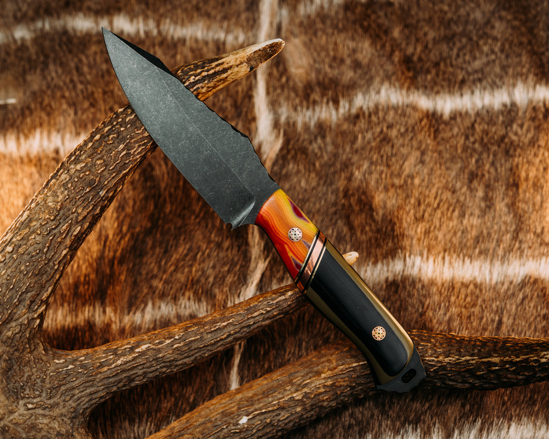 Field Knife (CruWear) - Thin Brook Trout G-Carta, Brass & Black G10 Pin Striping, Copper Split, Black & OD Green G10, Mosaic Pins, Smooth Grip.