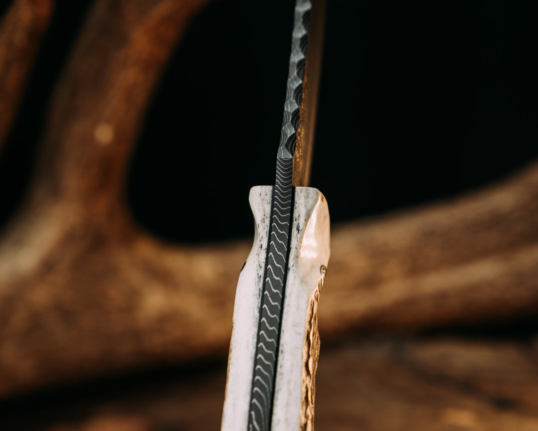 Crow Scout- Vegas Forge Herringbone Damascus- Elk Antler, Mosaic Pins, Aluminum Lanyard Pin with Glow Resin, Textured Grip