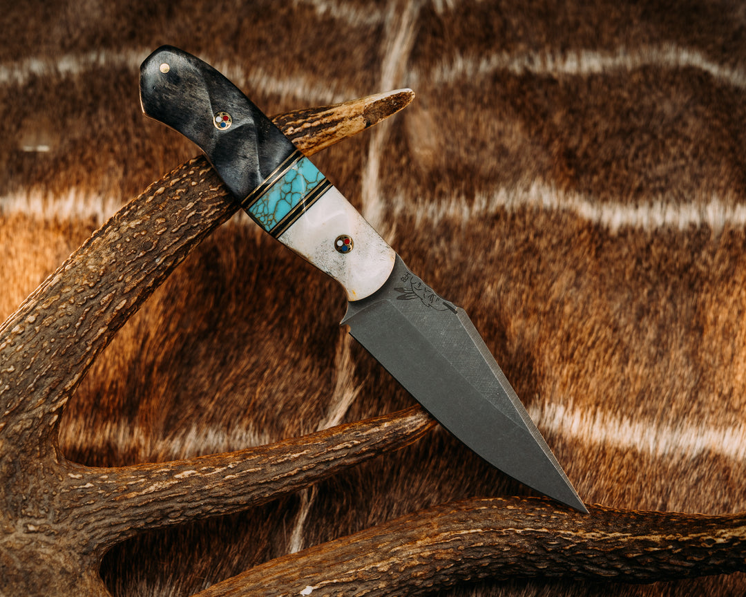 Field Knife Drop Point - Black & Coyote G10 w/ Brass Pin Striping, Turquoise w/ Gold Web Tru Stone, Dyed Redwood, Patriot Mosaic Pins, Textured Grip.