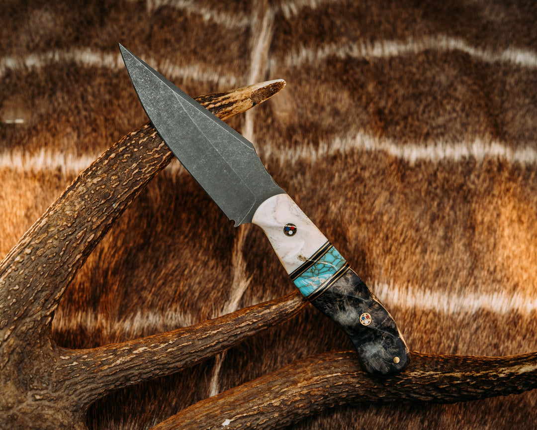 Field Knife Drop Point - Black & Coyote G10 w/ Brass Pin Striping, Turquoise w/ Gold Web Tru Stone, Dyed Redwood, Patriot Mosaic Pins, Textured Grip.