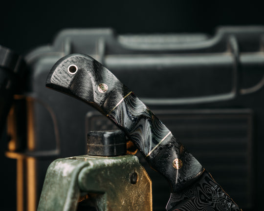 Cavner- Baker Forge GoMai CuShim (DamCore) Raindrop Pattern- Carbon Fiber, Brass Pin Striping, American Flag and Navy S.E.A.L AOR2 Cammie Micarta Split, Mosaic Pins, Brass Lanyard Pin, Textured Grip