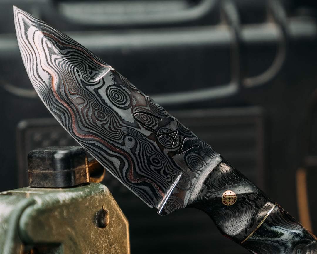 Cavner- Baker Forge GoMai CuShim (DamCore) Raindrop Pattern- Carbon Fiber, Brass Pin Striping, American Flag and Navy S.E.A.L AOR2 Cammie Micarta Split, Mosaic Pins, Brass Lanyard Pin, Textured Grip