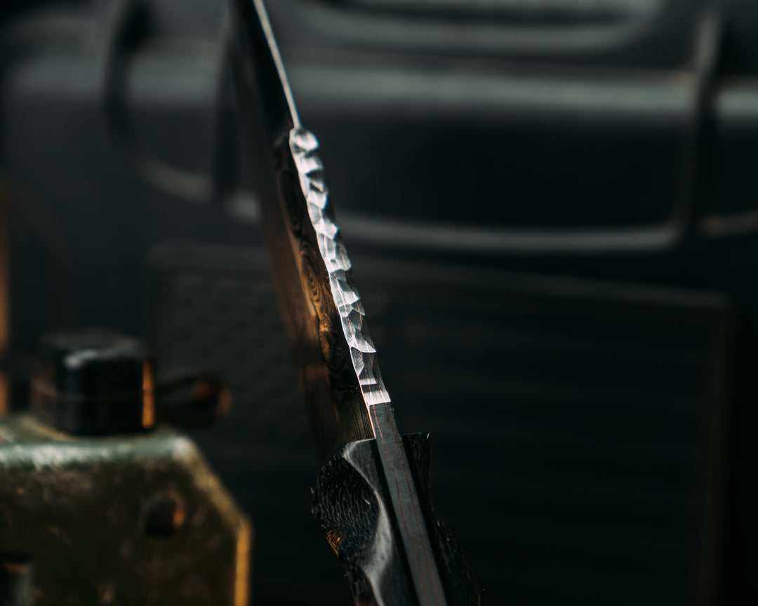 Cavner- Baker Forge GoMai CuShim (DamCore) Raindrop Pattern- Carbon Fiber, Brass Pin Striping, American Flag and Navy S.E.A.L AOR2 Cammie Micarta Split, Mosaic Pins, Brass Lanyard Pin, Textured Grip