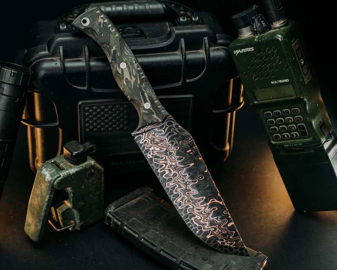 One- Off- Adam Deville Dragon Core Copper Damascus- Vietnam Tiger Stripe Cammie Micarta, Mosaic Glow Pins, Glow Mosaic Lanyard Pin, Textured Grip