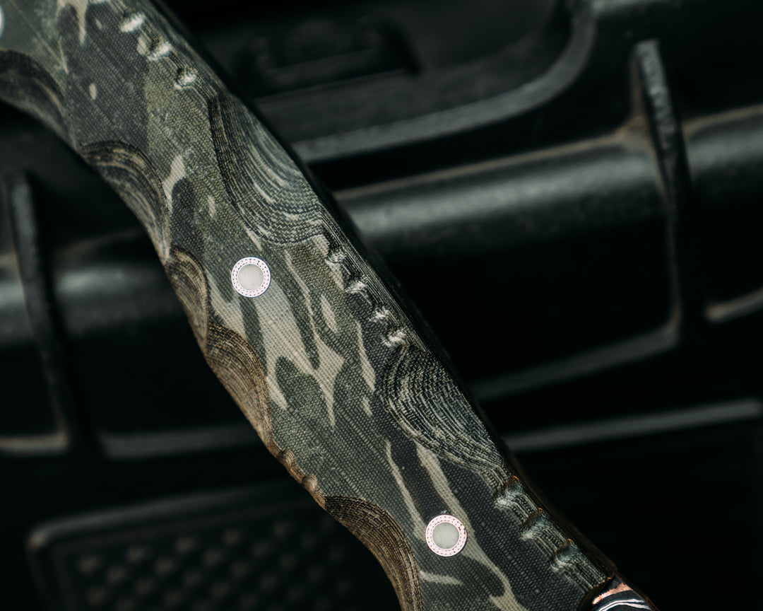 One- Off- Adam Deville Dragon Core Copper Damascus- Vietnam Tiger Stripe Cammie Micarta, Mosaic Glow Pins, Glow Mosaic Lanyard Pin, Textured Grip
