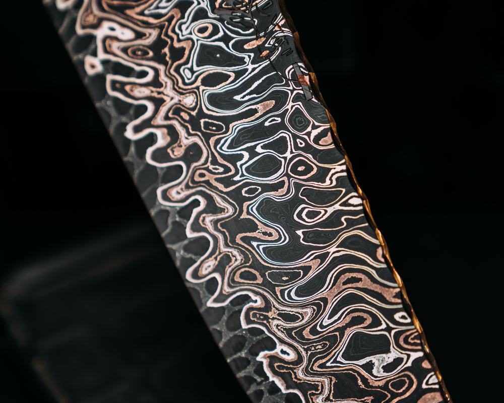 One- Off- Adam Deville Dragon Core Copper Damascus- Vietnam Tiger Stripe Cammie Micarta, Mosaic Glow Pins, Glow Mosaic Lanyard Pin, Textured Grip