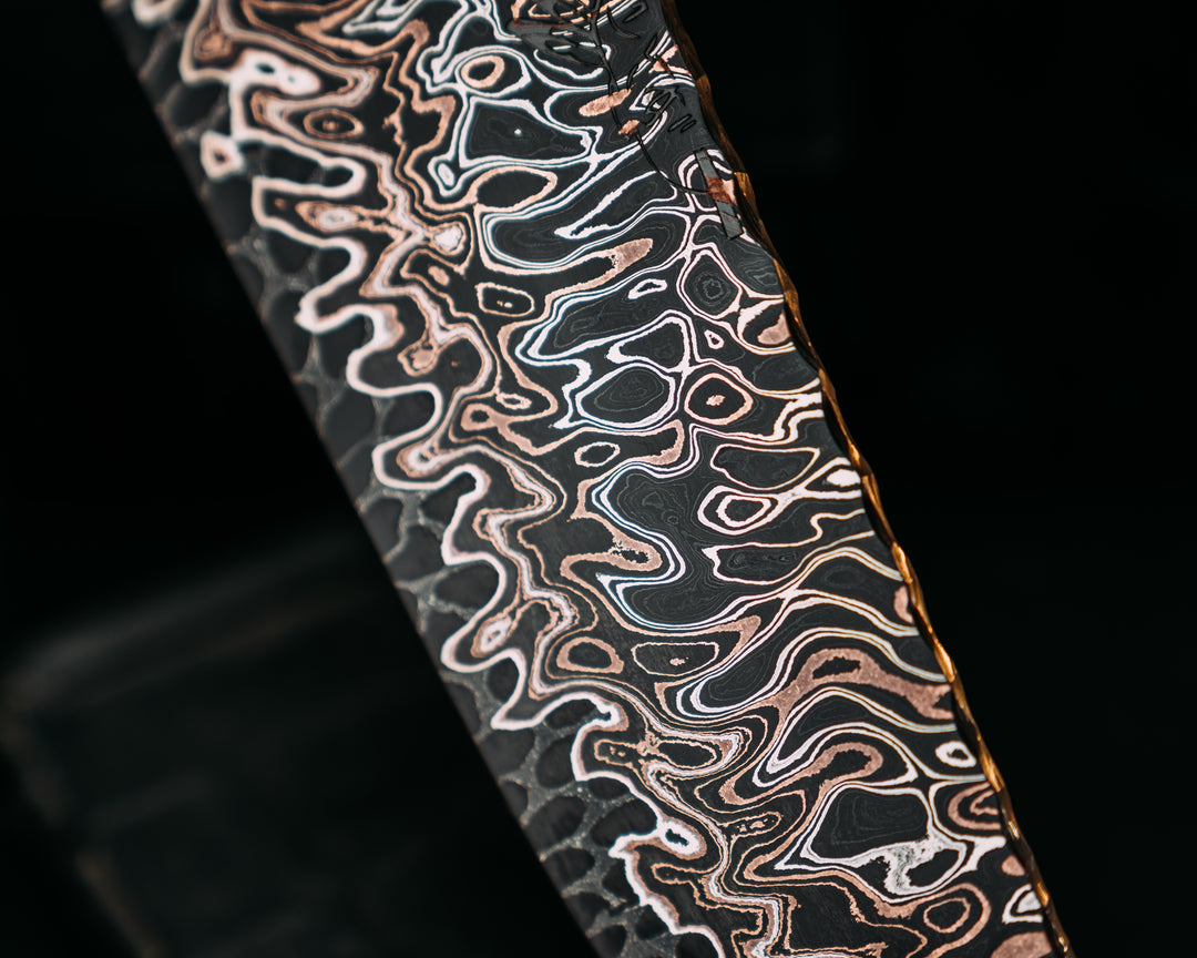 One- Off- Adam Deville Dragon Core Copper Damascus- Vietnam Tiger Stripe Cammie Micarta, Mosaic Glow Pins, Glow Mosaic Lanyard Pin, Textured Grip