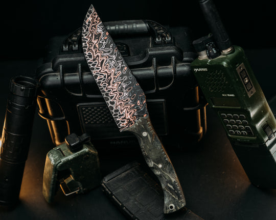 One- Off- Adam Deville Dragon Core Copper Damascus- Vietnam Tiger Stripe Cammie Micarta, Mosaic Glow Pins, Glow Mosaic Lanyard Pin, Textured Grip