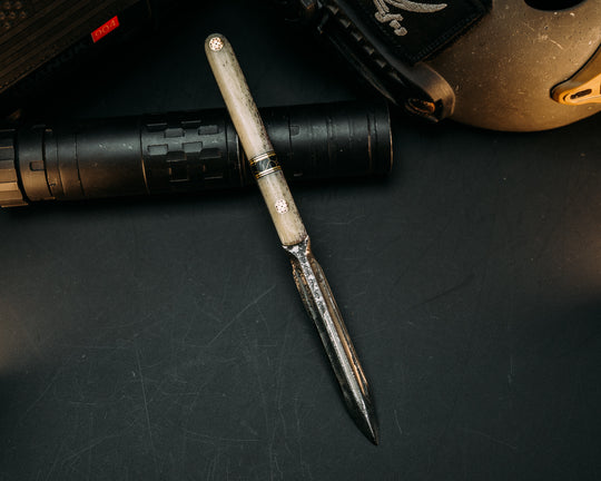 OSS Spike - Giraffe Bone, Black G10 & Brass Pin Striping, Black w/ Gold Web True Stone Split,  Mosaic Pins, Smooth Grip.
