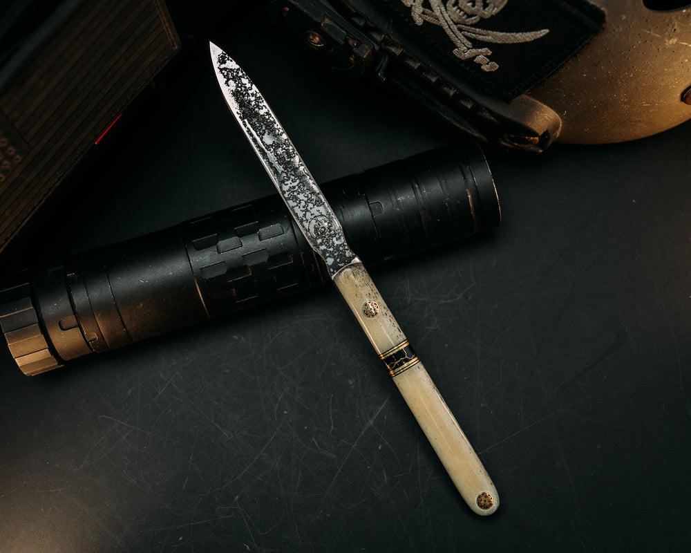 OSS Spike - Giraffe Bone, Black G10 & Brass Pin Striping, Black w/ Gold Web True Stone Split,  Mosaic Pins, Smooth Grip.