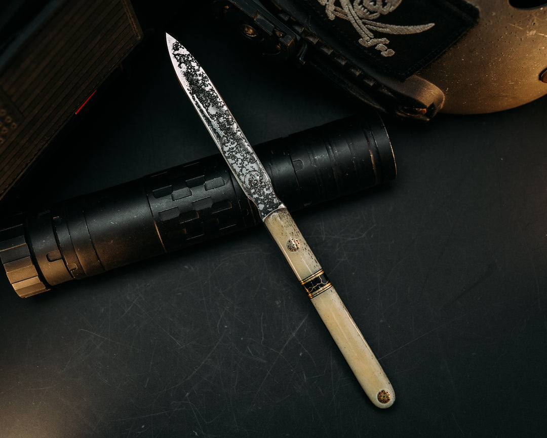 OSS Spike - Giraffe Bone, Black G10 & Brass Pin Striping, Black w/ Gold Web True Stone Split,  Mosaic Pins, Smooth Grip.