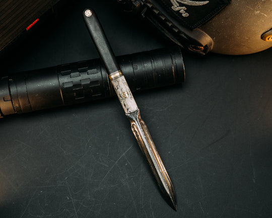 OSS Spike - Black G10 & Brass Striping, Desert Ironwood, Mosaic Pins, Smooth Grip.