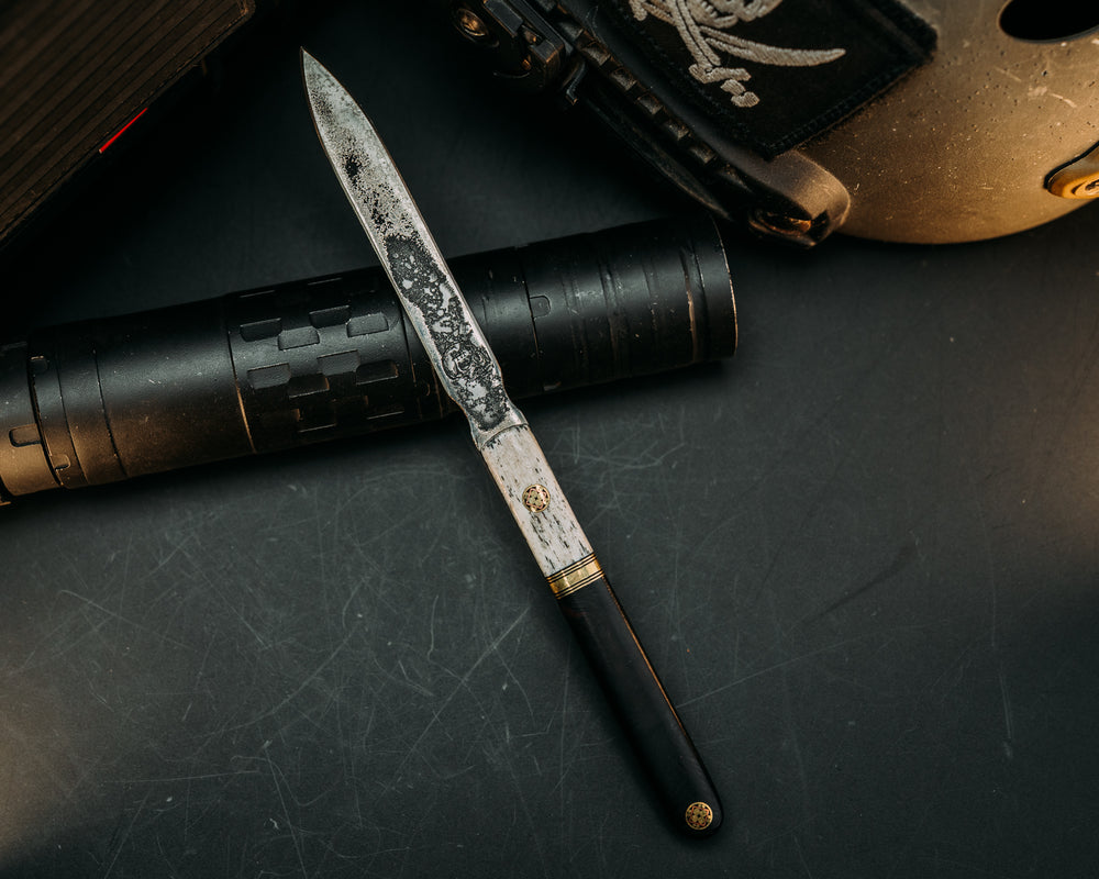 OSS Spike - Black G10 & Brass Striping, Desert Ironwood, Mosaic Pins, Smooth Grip.
