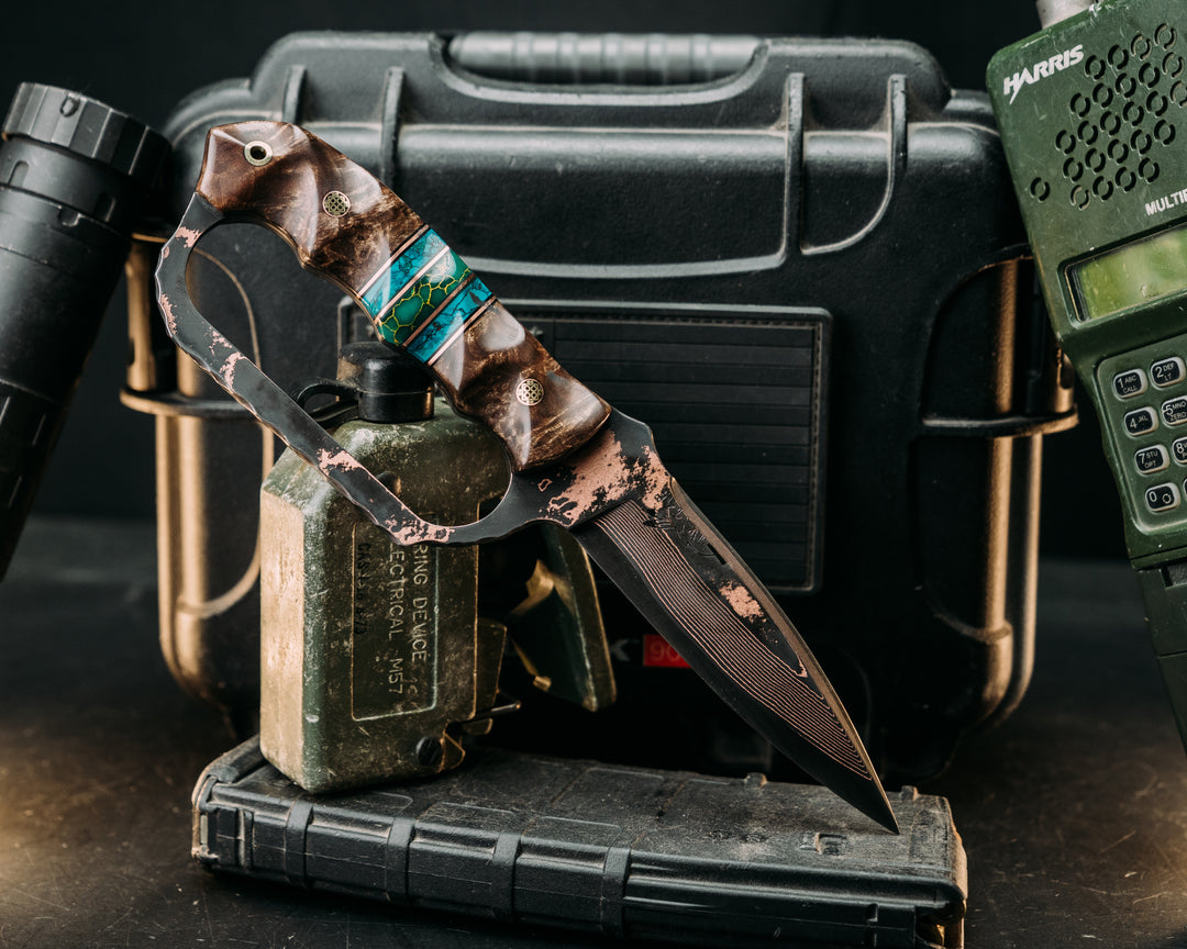Trench Knife- Baker Forge Random Pattern CopperMai- Dyed Maple Burl, Black G10 and Copper Pin Striping, Chrysocolla Tru-stone and Arizona Jade Tru-stone Split, Mosaic Pins, Brass Lanyard Pin, Textured Grip