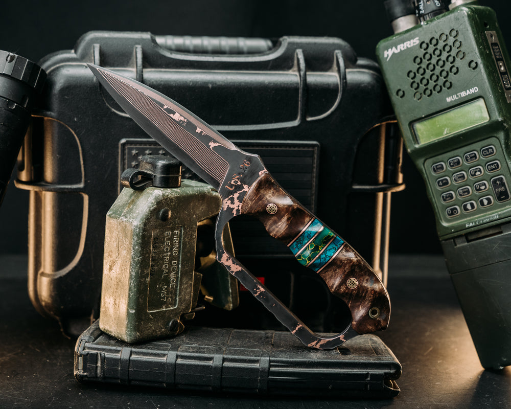 Trench Knife- Baker Forge Random Pattern CopperMai- Dyed Maple Burl, Black G10 and Copper Pin Striping, Chrysocolla Tru-stone and Arizona Jade Tru-stone Split, Mosaic Pins, Brass Lanyard Pin, Textured Grip