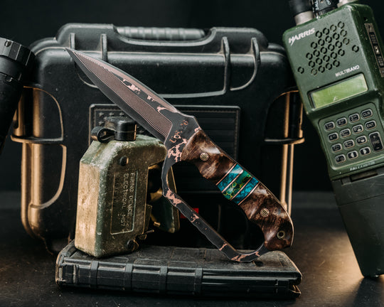 Trench Knife- Baker Forge Random Pattern CopperMai- Dyed Maple Burl, Black G10 and Copper Pin Striping, Chrysocolla Tru-stone and Arizona Jade Tru-stone Split, Mosaic Pins, Brass Lanyard Pin, Textured Grip