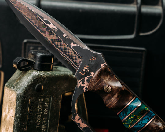 Trench Knife- Baker Forge Random Pattern CopperMai- Dyed Maple Burl, Black G10 and Copper Pin Striping, Chrysocolla Tru-stone and Arizona Jade Tru-stone Split, Mosaic Pins, Brass Lanyard Pin, Textured Grip