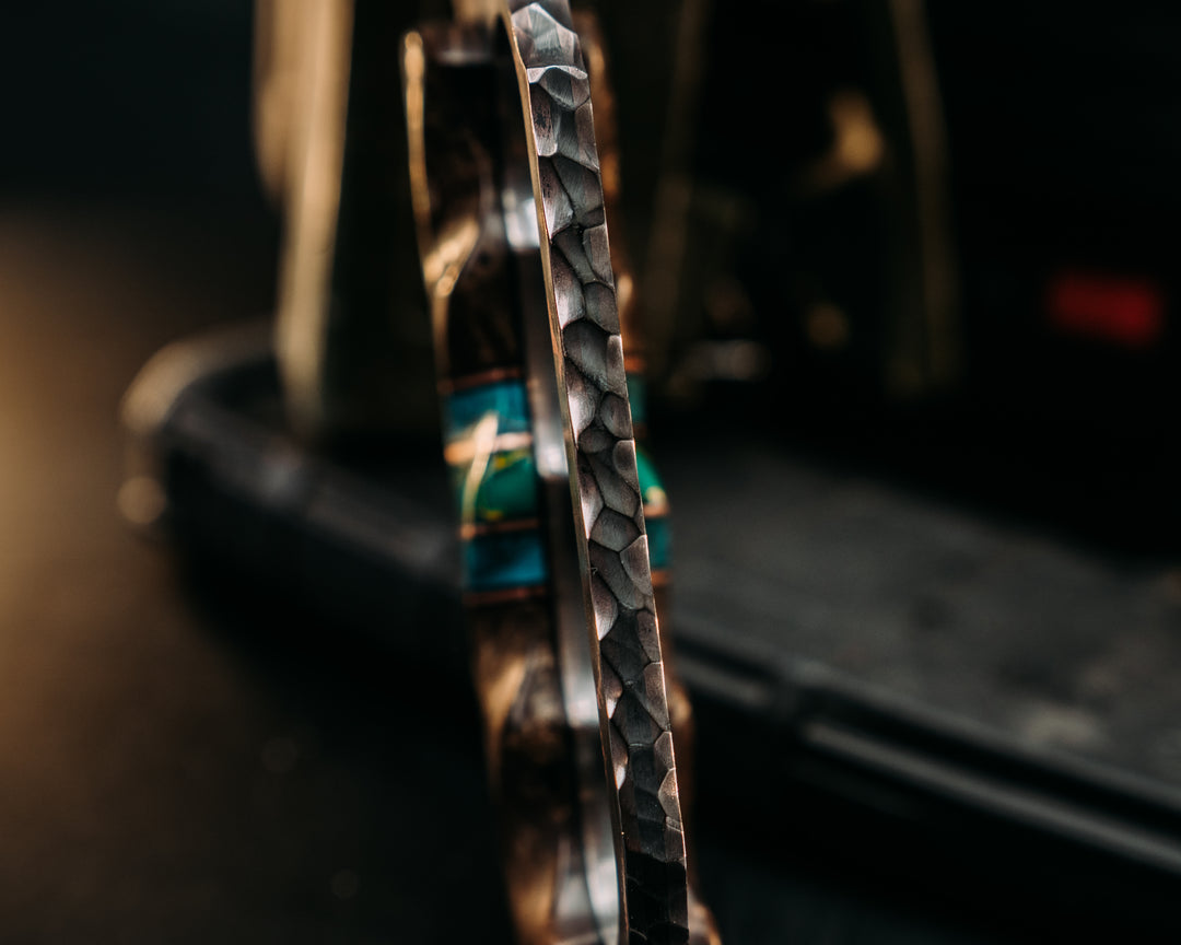 Trench Knife- Baker Forge Random Pattern CopperMai- Dyed Maple Burl, Black G10 and Copper Pin Striping, Chrysocolla Tru-stone and Arizona Jade Tru-stone Split, Mosaic Pins, Brass Lanyard Pin, Textured Grip