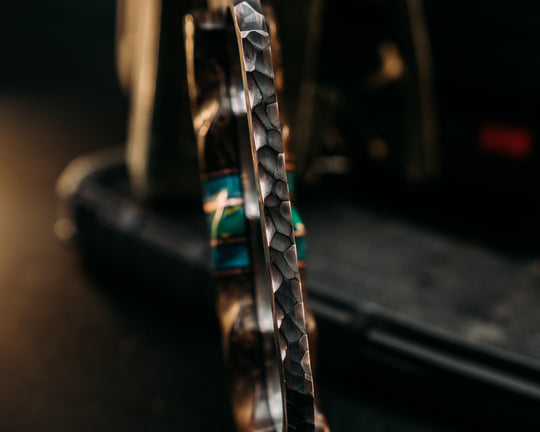 Trench Knife- Baker Forge Random Pattern CopperMai- Dyed Maple Burl, Black G10 and Copper Pin Striping, Chrysocolla Tru-stone and Arizona Jade Tru-stone Split, Mosaic Pins, Brass Lanyard Pin, Textured Grip