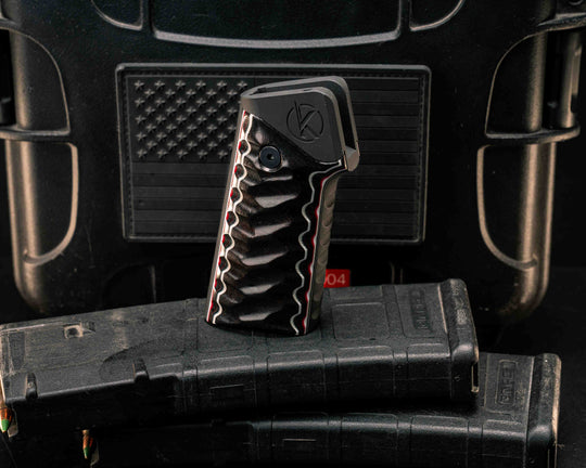 HFB x Kinetic AR Grip System - Layered Desert Ironwood, White G10, Black G10, Ruby G10, Cherry G10 and White G10, Armor Black Cerakote, Snake Grip.