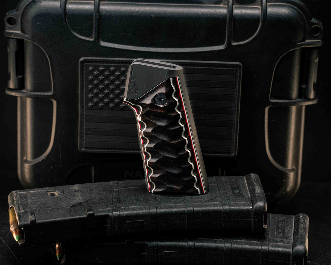 HFB x Kinetic AR Grip System - Layered Desert Ironwood, White G10, Black G10, Ruby G10, Cherry G10 and White G10, Armor Black Cerakote, Snake Grip.