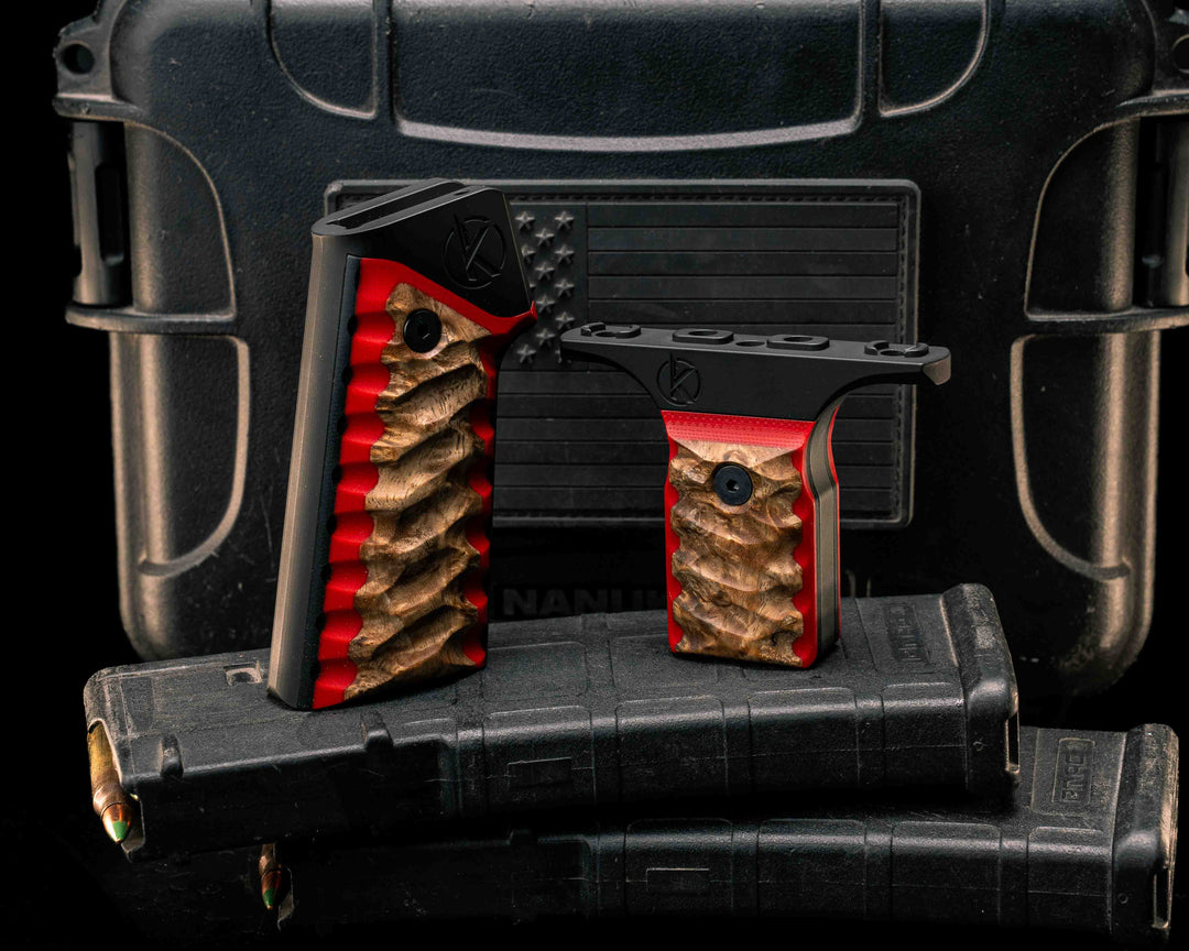 HFB x Kinetic AR Grip System SET - Hawaiian Curly Koa over Cherry G10 and Black G10, Armor Black Cerakote Frames, Snake Textured Grip