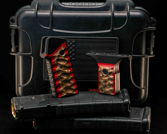 HFB x Kinetic AR Grip System SET - Hawaiian Curly Koa over Cherry G10 and Black G10, Armor Black Cerakote Frames, Snake Textured Grip