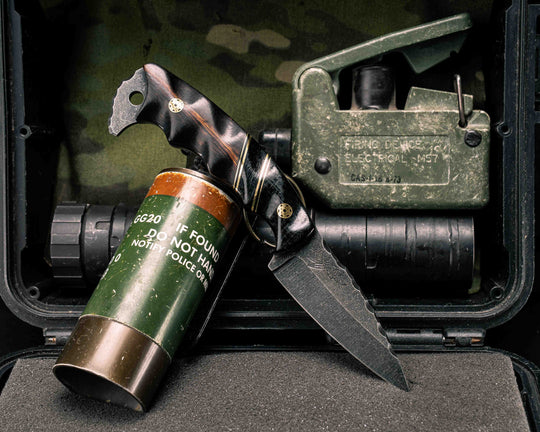 3" HUMINT- Black Burlap Micarta, Brass and Black G10 Pin Striping, Black Burlap Micarta Split, Desert Ironwood, Brass Mosaic Pins, Textured Grip