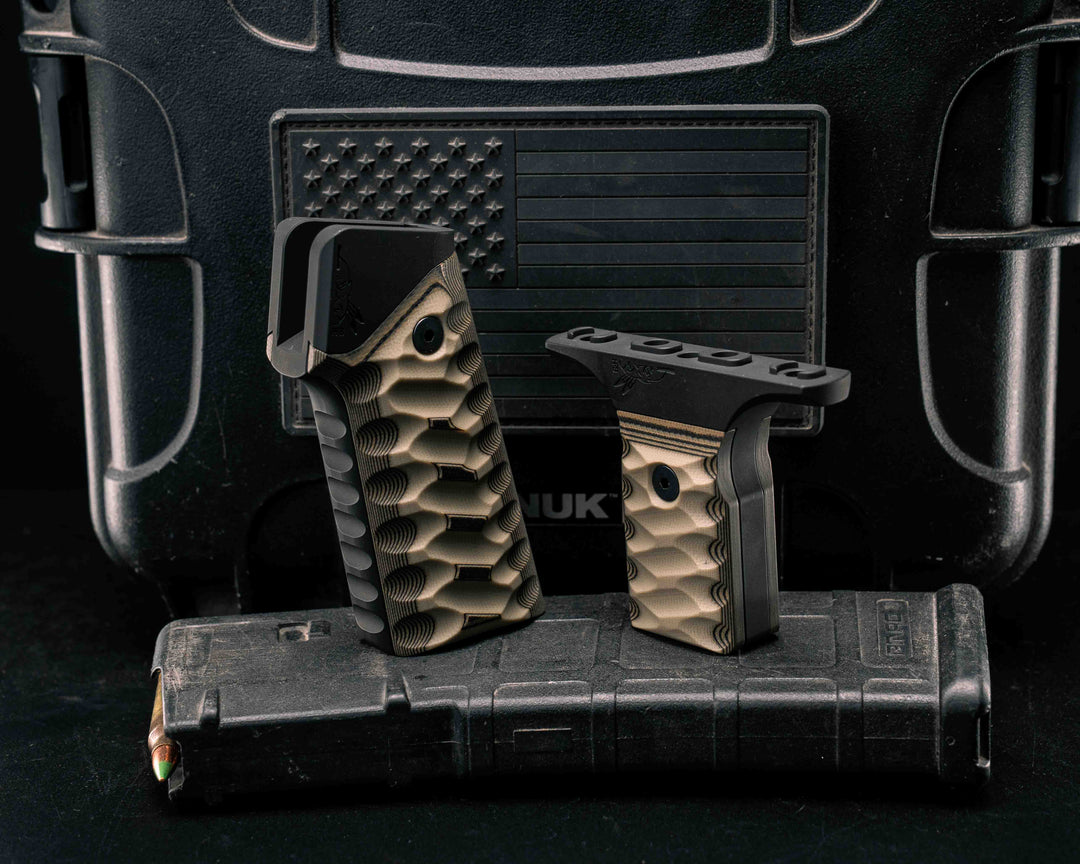 HFB x Kinetic AR Grip System SET - Desert Tan G10 over Black and Coyote Layered G10, Armor Black Cerakote Armor Black Frames, Snake Textured Grip