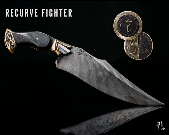 Half Face Blades X Dire Pacific Giveaway - Recurve Fighter - 400 Layered Dire Pacific Forged Damascus - Brass Bolster w/ Crystallized Titanium Guard Inlay, African Blackwood, Solid Brass Pommel, Crystalized Titanium Pommel Cap, Bronze Pins, Textured Grip.