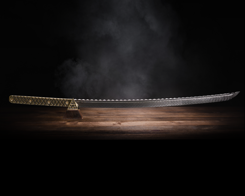Katana - Baker Forge Matrix Stainless Steel Damascus - Hand Carved & Shaped Solid Brass, Brass Allen Bolts, Textured Grip w/ Stand, Hawaiian Curly Koa with Solid Brass Cap & Obsidian Stone Inlay