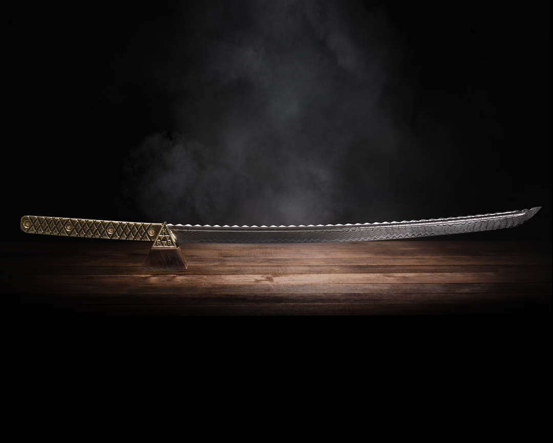 Katana - Baker Forge Matrix Stainless Steel Damascus - Hand Carved & Shaped Solid Brass, Brass Allen Bolts, Textured Grip w/ Stand, Hawaiian Curly Koa with Solid Brass Cap & Obsidian Stone Inlay
