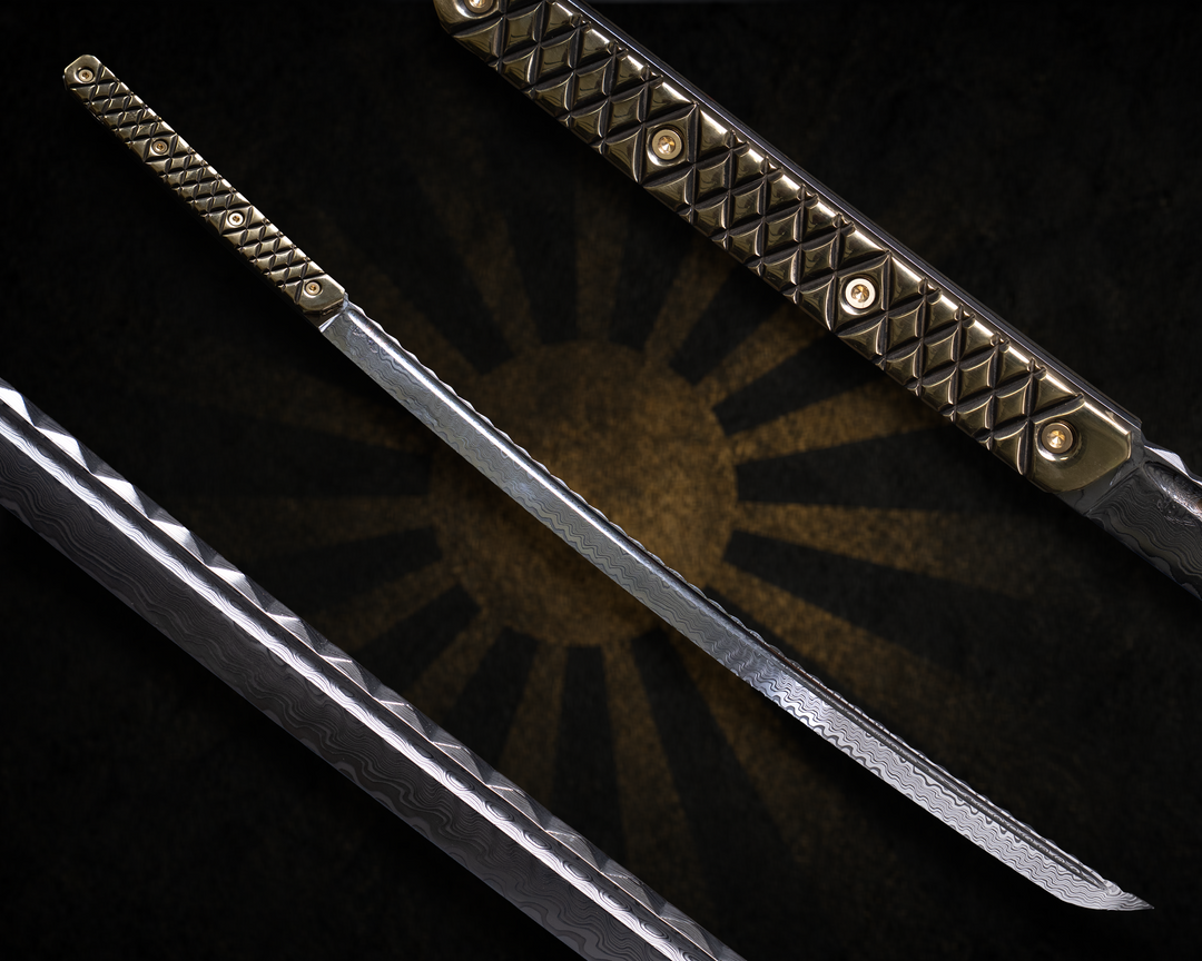 Katana - Baker Forge Matrix Stainless Steel Damascus - Hand Carved & Shaped Solid Brass, Brass Allen Bolts, Textured Grip w/ Stand, Hawaiian Curly Koa with Solid Brass Cap & Obsidian Stone Inlay
