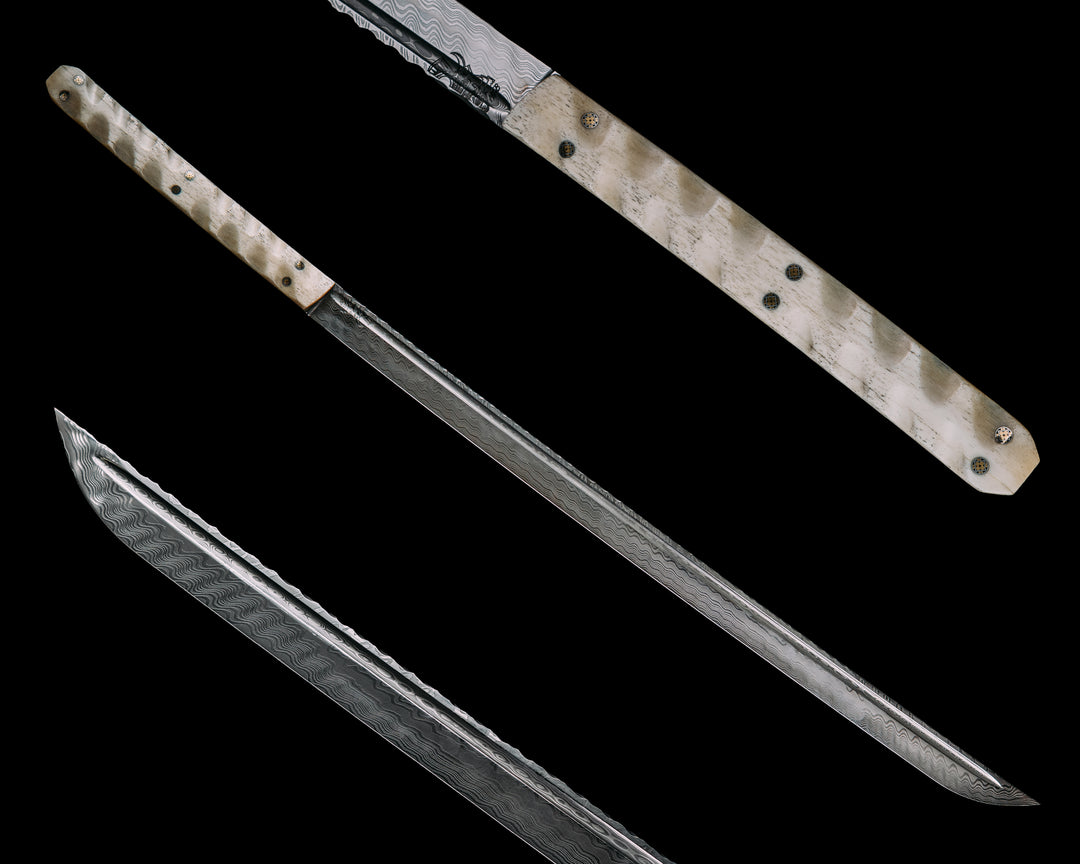 Katana- Baker Forge Zeus Pattern Performance Stainless Damascus- Giraffe Bone, Mosaic Pins, Textured Grip