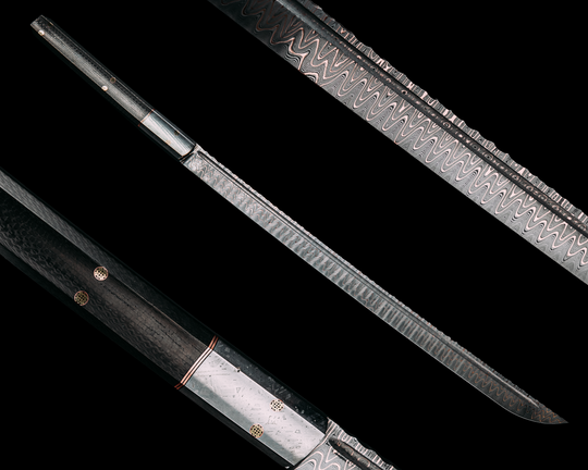 Katana- Baker Forge FireStorm - Chevron (Dam Core)- Meteorite, Black G10 and Copper Split, Carbon Fiber Mosaic Pins, Smooth Angled Grip