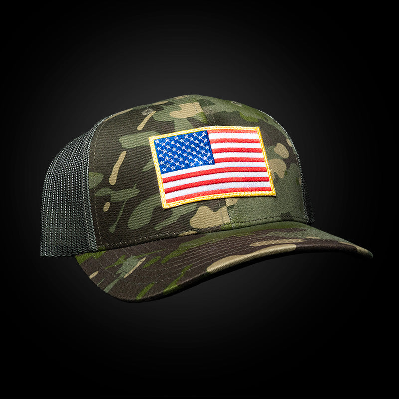Multicam Tropic mesh snap back , American flag patch